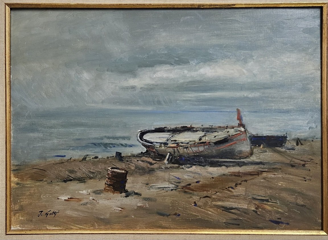 Oil On Panel, Fishermen's Boat On The Beach, Saint-tropez In The Background, Jacques Gatti 