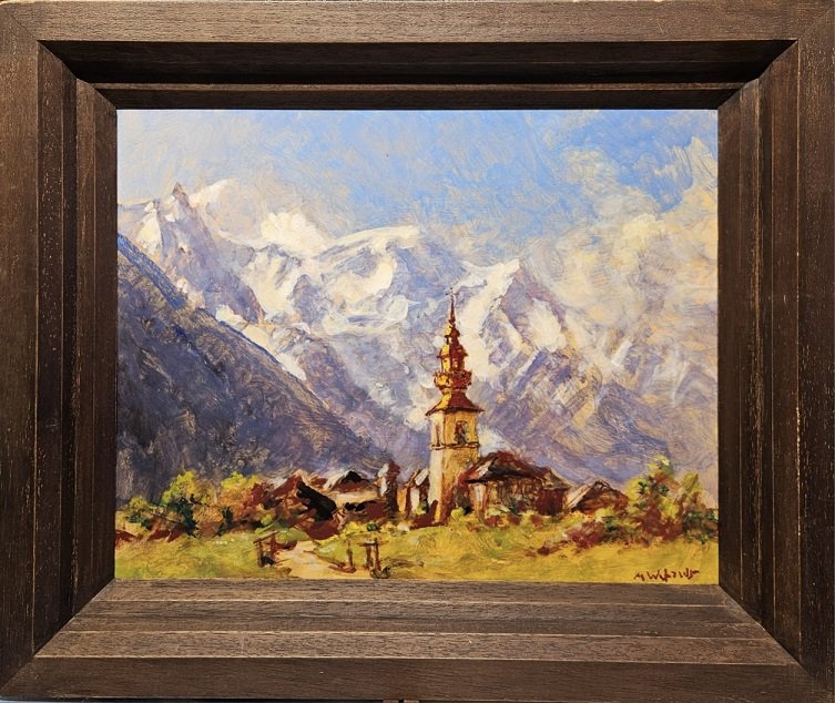 Marcel Wibault , huile sur isorel , le village d Argentiére et le Mont Blanc , Chamonix 38 x 46