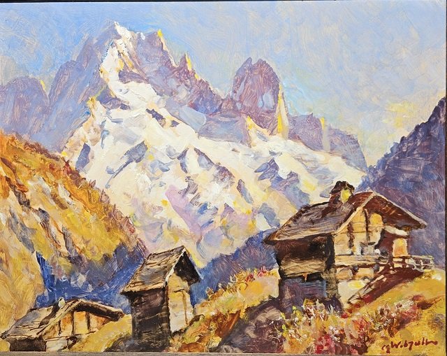 Marcel Wibault , chalets devant la verte et les drus , Chamonix , 38 x 46 