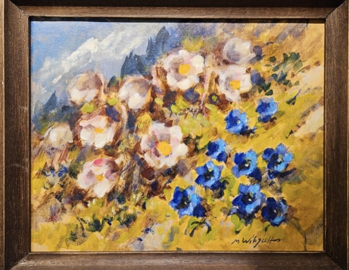 Marcel Wibault , fleurs de montagne , anémones et Gentianes 24 x 30 Chamonix