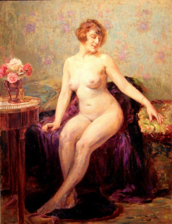 Nu  Au Bouquet De Rose , Emile Albert De Mandre ( 1869- ? ) 