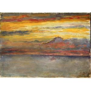 Paysage Impressionniste  , Huile Sur Panneau , Coucher De Soleil  , A Identifié  23.5 X 33 