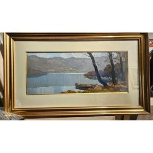 Lucien Poignant  , " Le Lac D 'aiguebelette " Huile Sur Panneau 33 X 80 