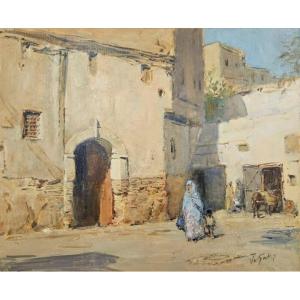 Orientalist Oil On Canvas, Street In Fez, Morocco, Jacques Gatti