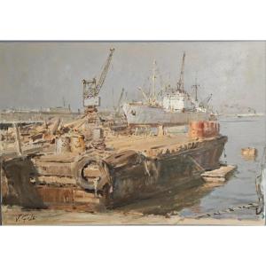 huile sur toile scene de port , 50 x 73 Jacques Gatti