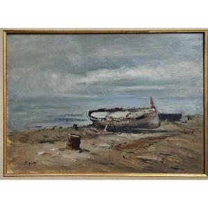 huile sur panneau , barque de pecheurs sur la plage , a Saint Tropez au dos , Jacques Gatti