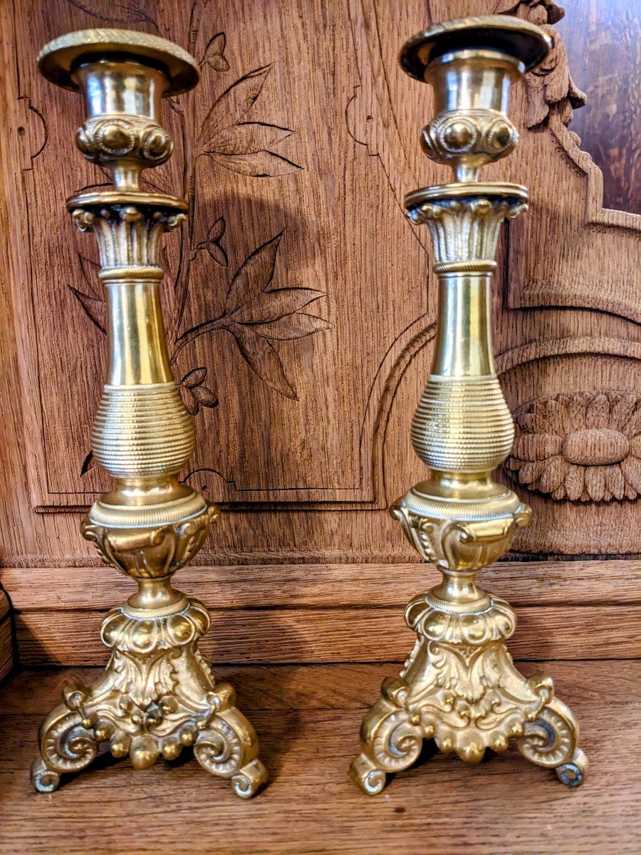 Paire De Bougeoirs En Bronze d'époque Romantique