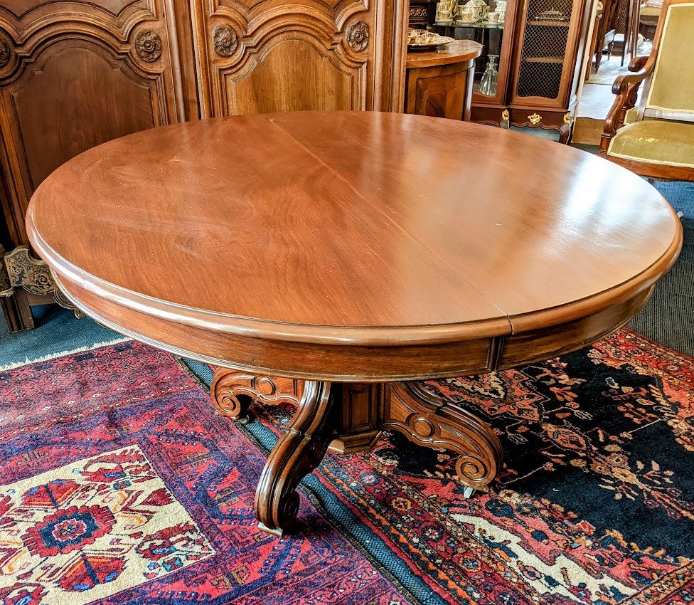 Large Oval Mahogany Pedestal Table Napoleon III Period (146 X 128)-photo-1
