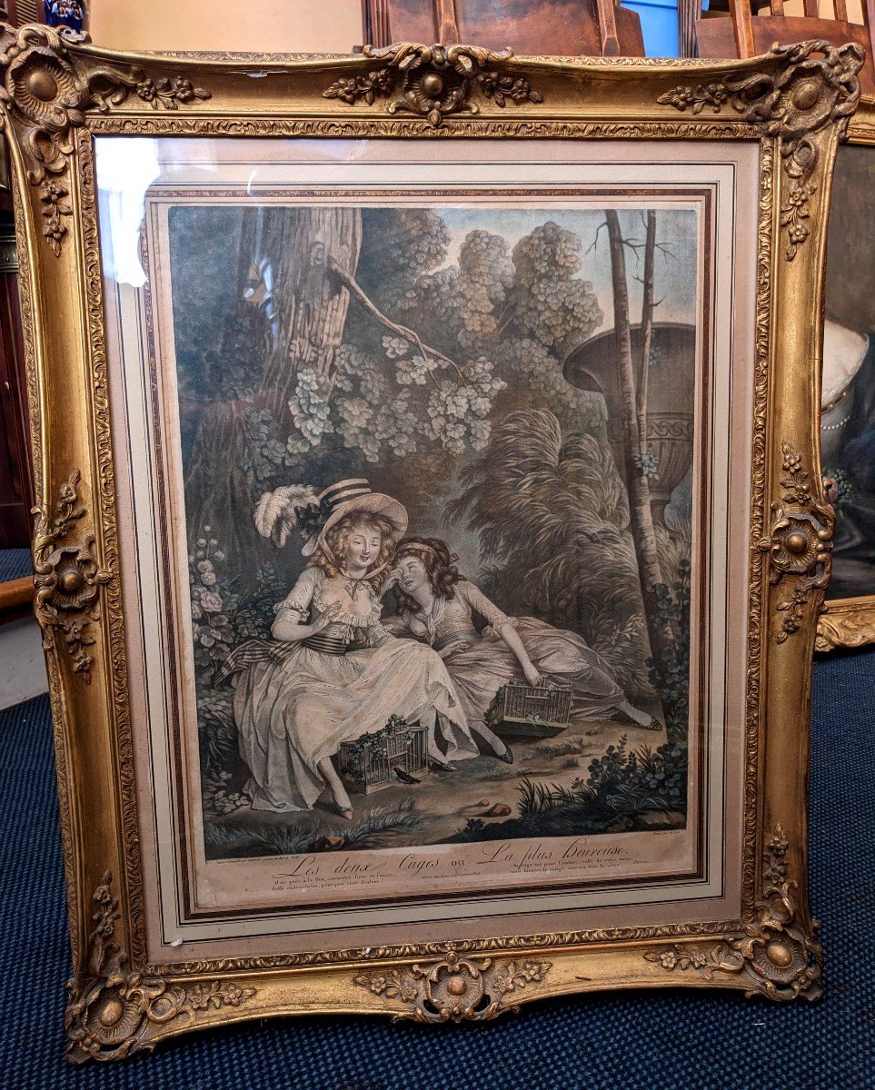 Large Engraving Entitled "the Two Cages" In The Taste Of The Eighteenth Century