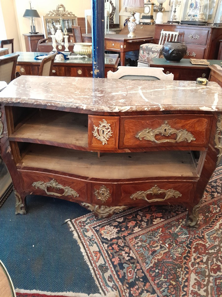 Commode tombeau en marqueterie estampillée Roussel  d'époque Louis XV-photo-2