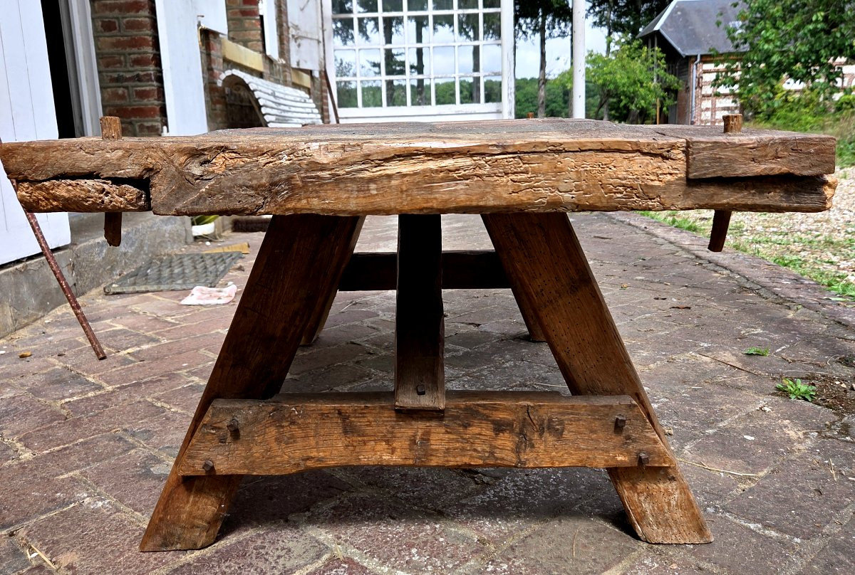 Table basse en chêne rustique et à dessus pavé .-photo-4