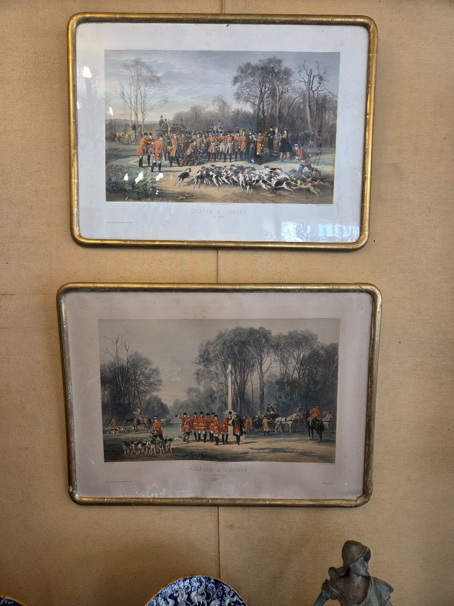 Ensemble de quatre grandes gravures en couleur sur le thème de la chasse à courre . 82 X 61 cm -photo-2