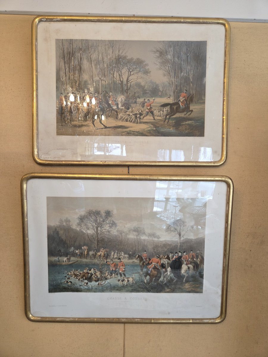 Ensemble de quatre grandes gravures en couleur sur le thème de la chasse à courre . 82 X 61 cm -photo-3