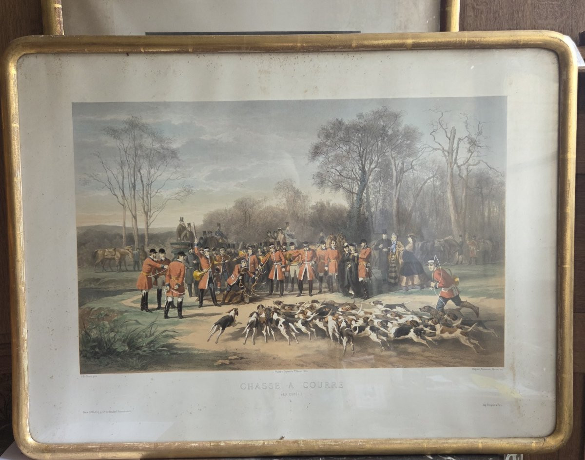 Ensemble de quatre grandes gravures en couleur sur le thème de la chasse à courre . 82 X 61 cm -photo-4