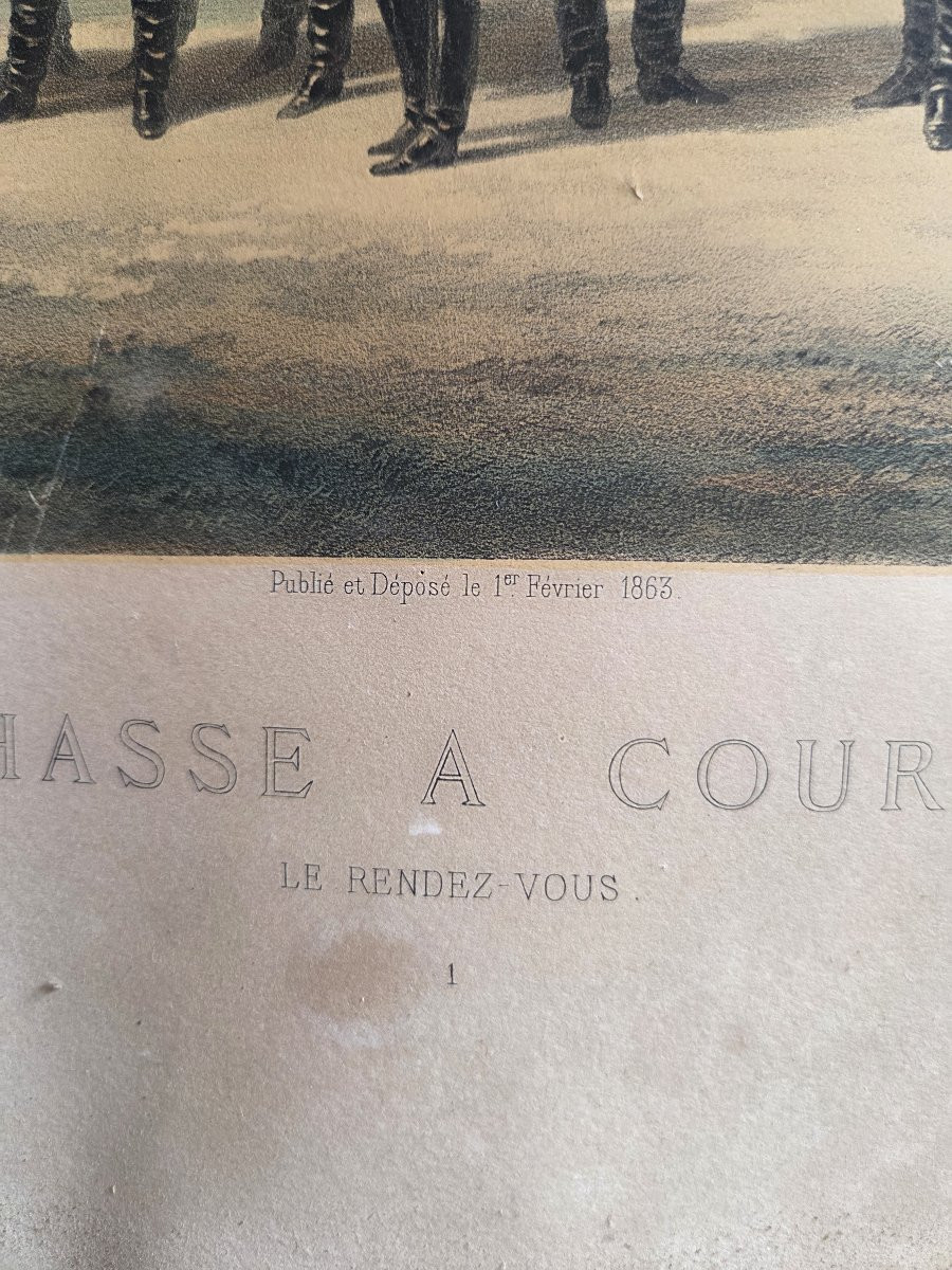 Ensemble de quatre grandes gravures en couleur sur le thème de la chasse à courre . 82 X 61 cm -photo-2