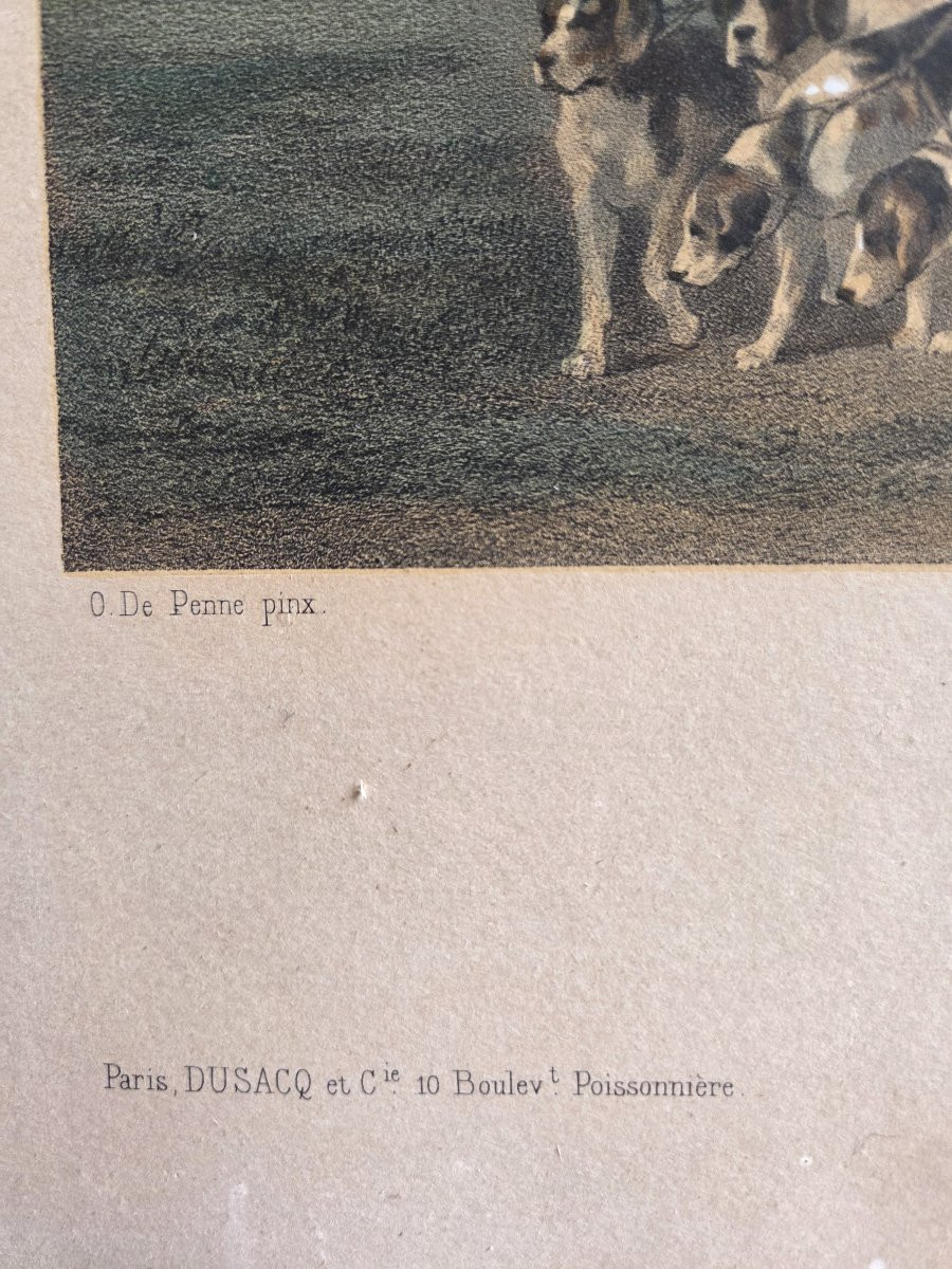 Ensemble de quatre grandes gravures en couleur sur le thème de la chasse à courre . 82 X 61 cm -photo-3
