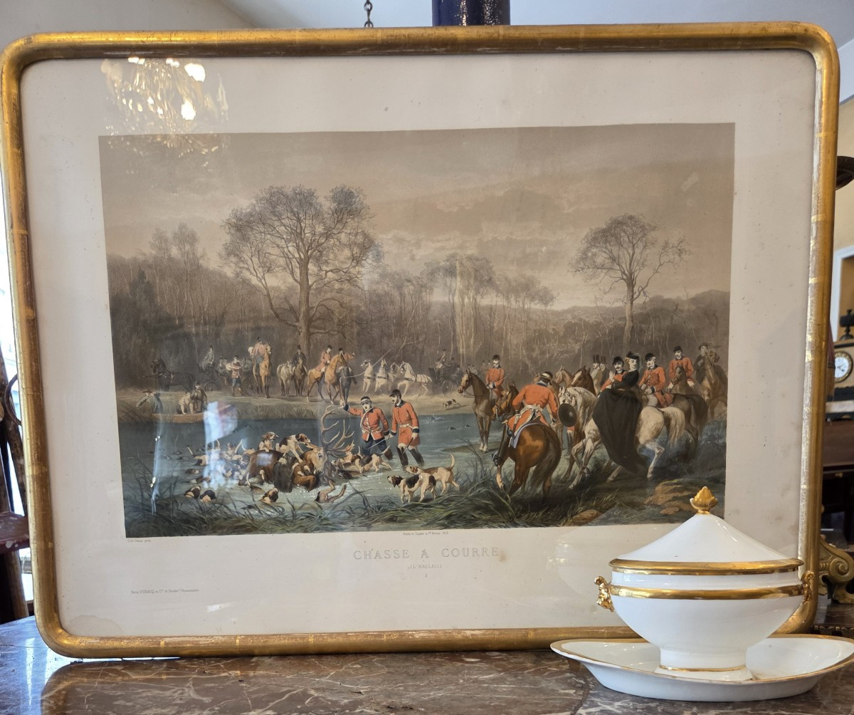 Ensemble de quatre grandes gravures en couleur sur le thème de la chasse à courre . 82 X 61 cm 