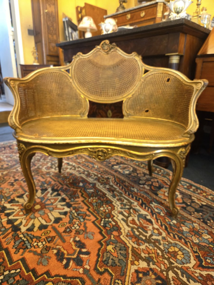 Small Napoleon III Bench In Gilded Wood With Cane Bottom In The Louis XV Style-photo-2