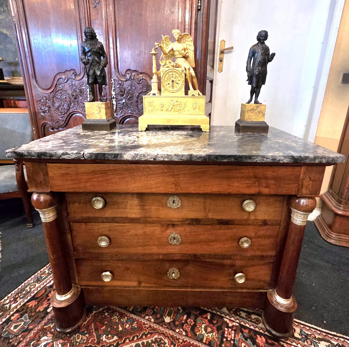 Small Empire Period Chest Of Drawers With Detached Columns In Solid Walnut.