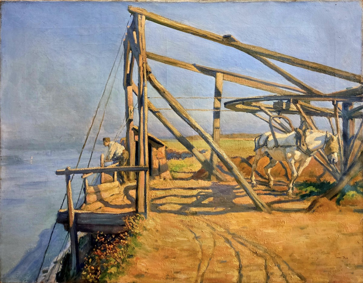 Large Oil On Canvas Signed Raulin 1909: Seaweed Harvesting At The Edge Of A Cliff (86 X 67 Cm)
