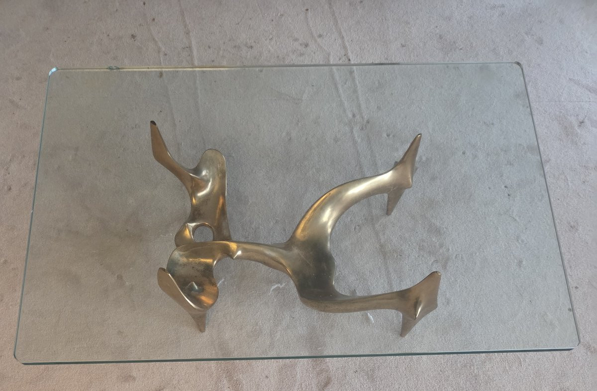 Table basse en bronze doré et verre signée Roman 8/8-photo-3