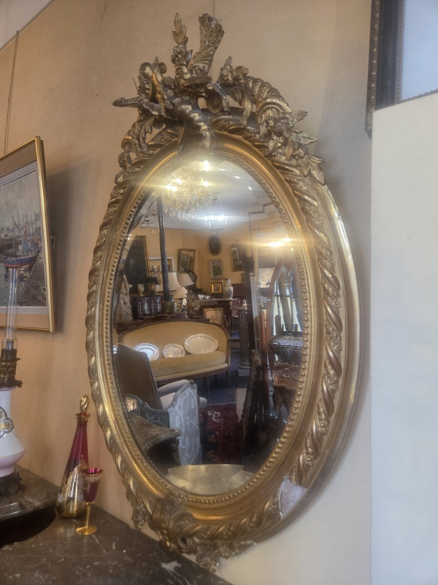 Miroir ovale en bois et stuc doré d'époque Napoléon III ( 120 x 85 cm)-photo-2