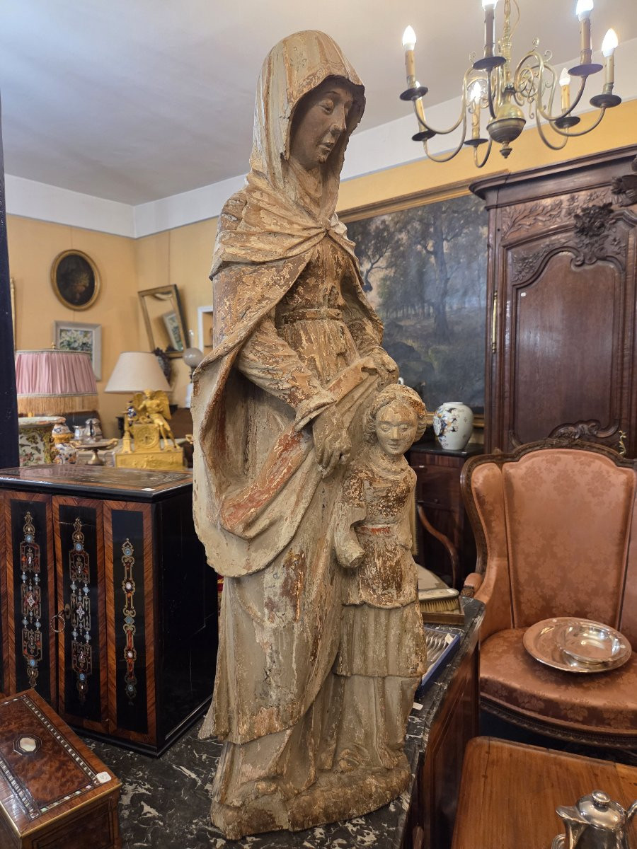 Grande statue religieuse ( Sainte-Anne?) en bois sculpté XVII ou XVIIIème . ( Ht: 96 cm)-photo-1