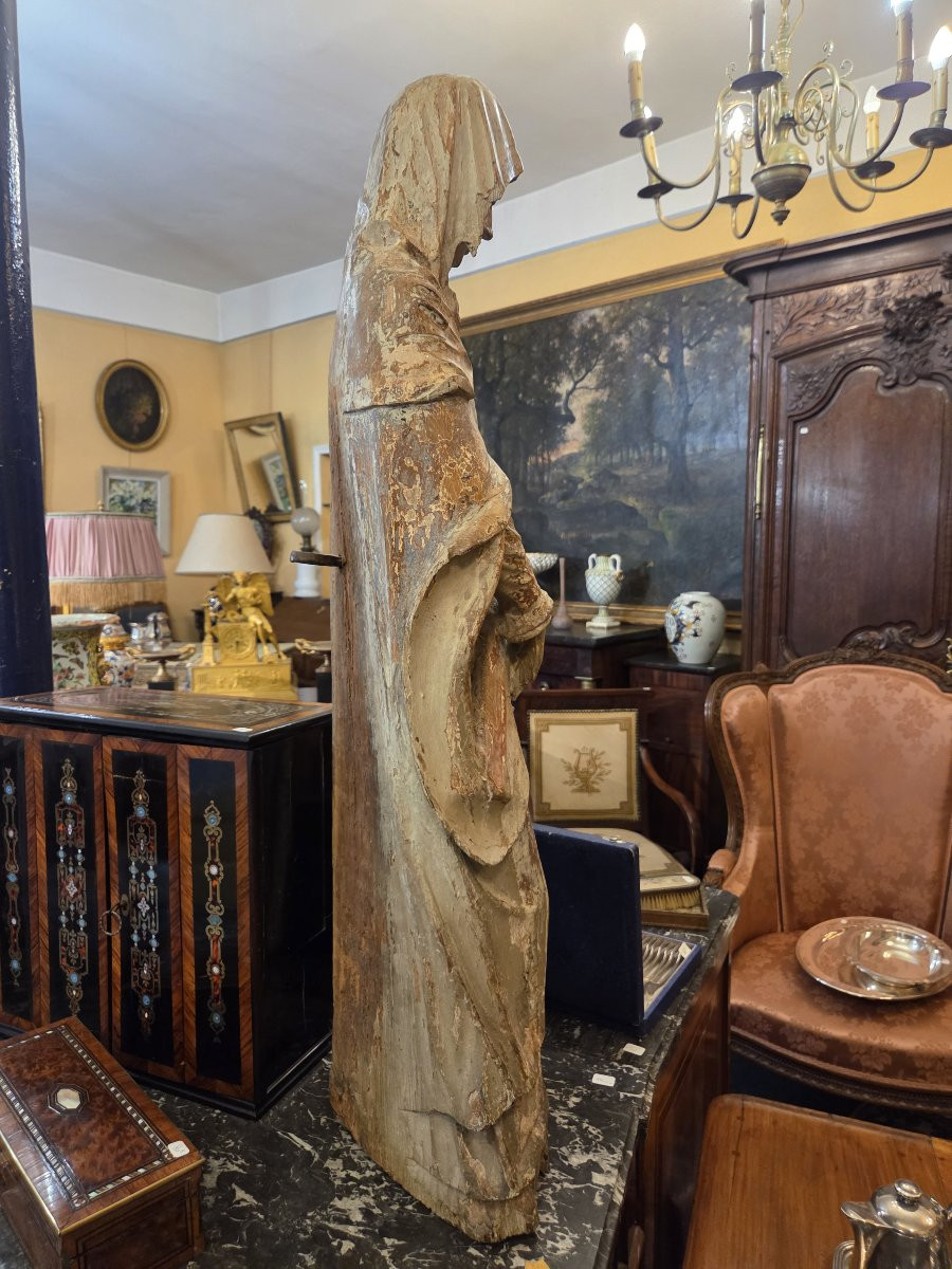 Grande statue religieuse ( Sainte-Anne?) en bois sculpté XVII ou XVIIIème . ( Ht: 96 cm)-photo-2