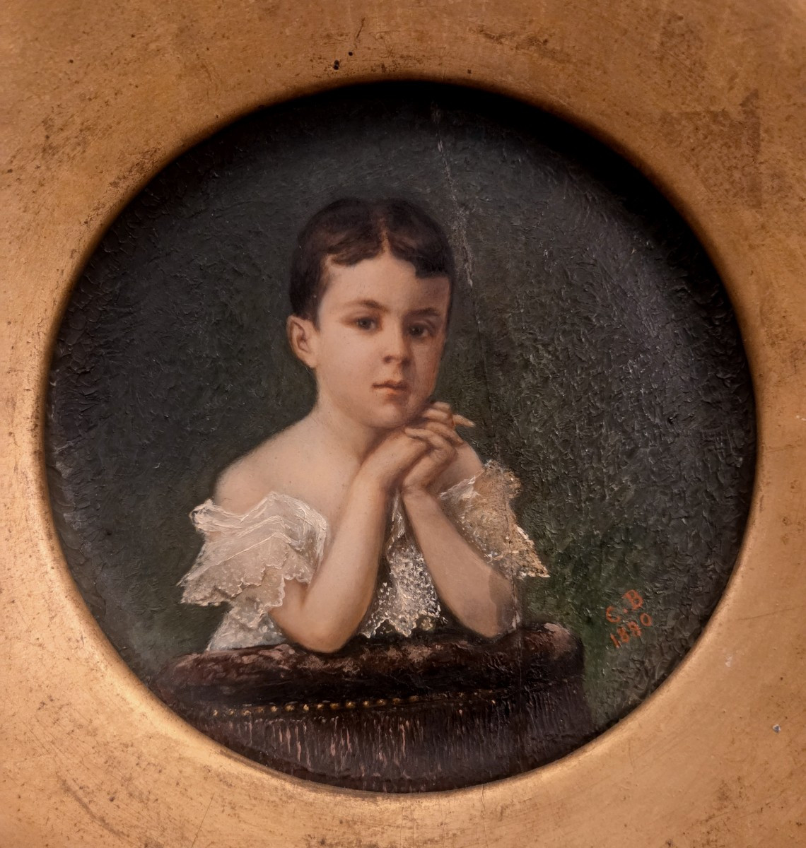Portrait d'enfant sur céramique signé C.B. 1890 dans son cadre doré.-photo-2