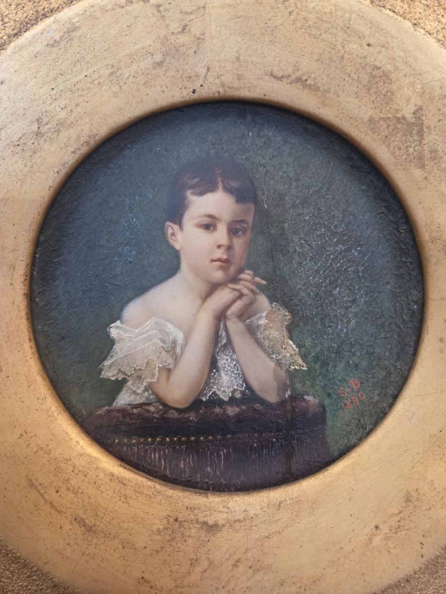 Portrait d'enfant sur céramique signé C.B. 1890 dans son cadre doré.-photo-3