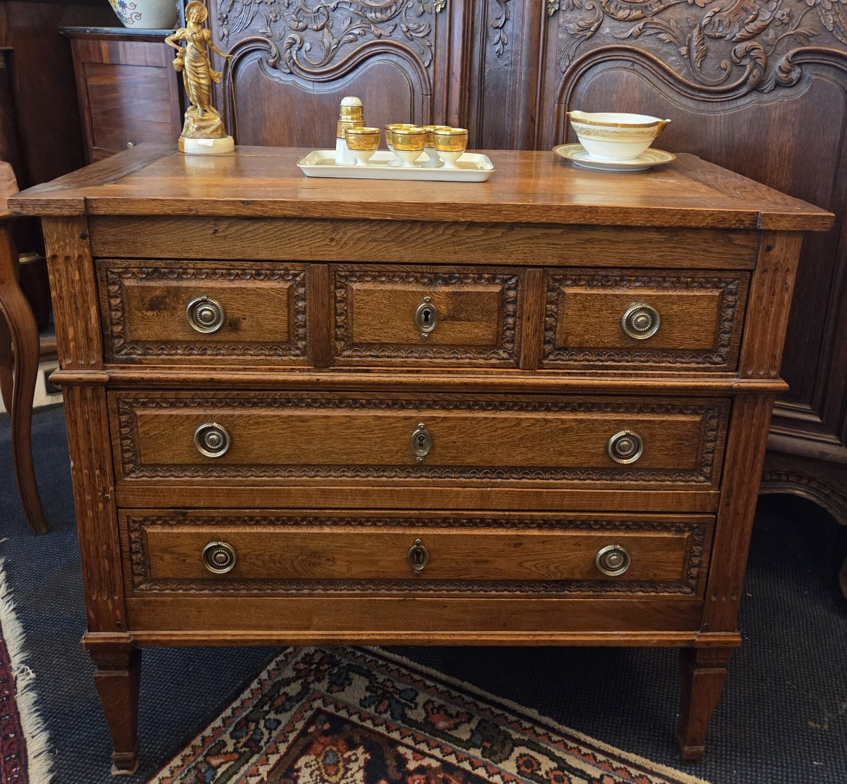 Small Louis XVI Style Norman Chest Of Drawers In Carved Oak