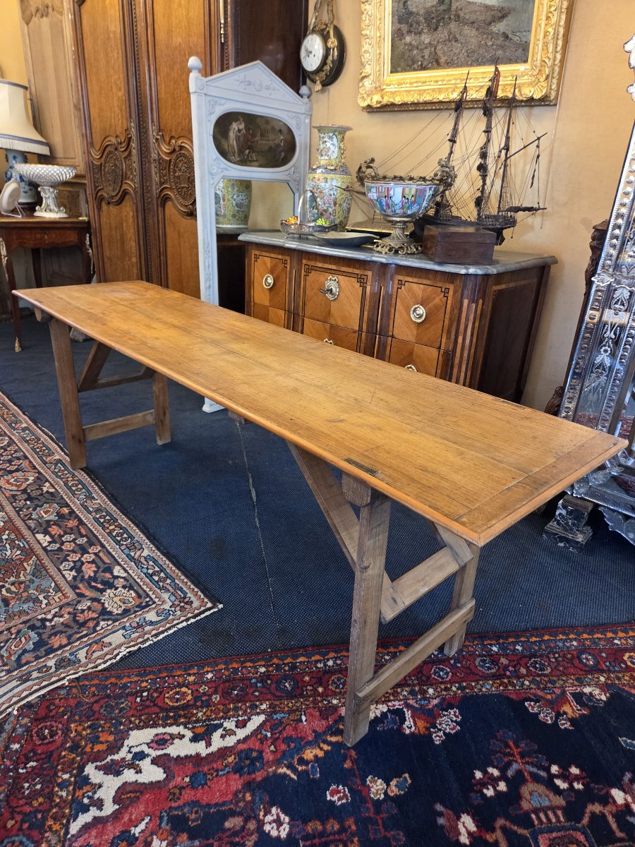 Longue table pliante en bois naturel et d'époque fin XIXème  (202 x 51 x 67 cm )-photo-2