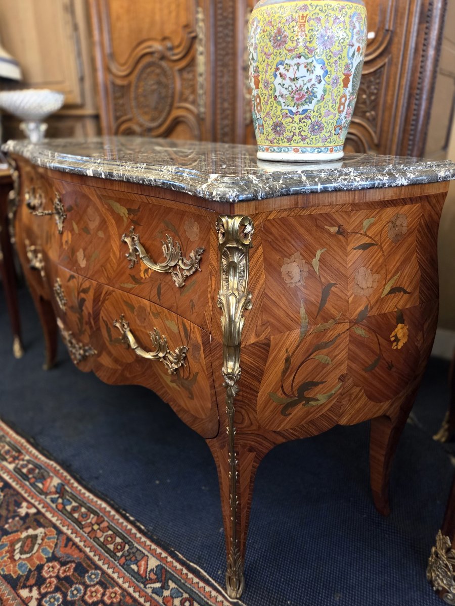 Large, High-sided Chest Of Drawers With Floral Marquetry In The Louis XV Style.-photo-2