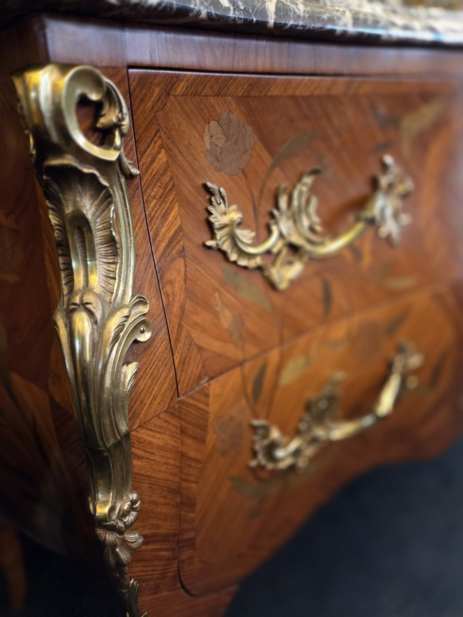 Large, High-sided Chest Of Drawers With Floral Marquetry In The Louis XV Style.-photo-1