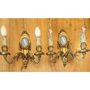 Pair Of Gilt Bronze Sconces And Wedgwood Plates Circa 1920.