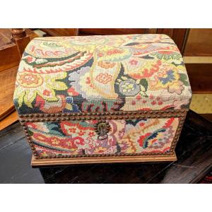 Wooden Box Covered With A Tapestry (switzerland?) Early XIXth.