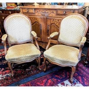Pair Of Armchairs With Flat Backs In Molded Beech, Louis XV Period.