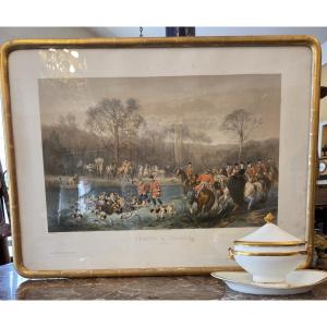 Ensemble de quatre grandes gravures en couleur sur le thème de la chasse à courre . 82 X 61 cm 