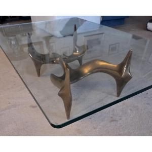 Coffee Table In Gilt Bronze And Glass, Signed Roman 8/8