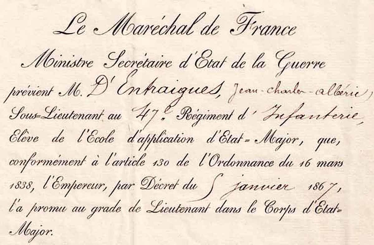 NOMINATION AU GRADE DE LIEUTENANT Mr d'ENTRAIGUES 1867 / Maréchal RANDON-photo-2