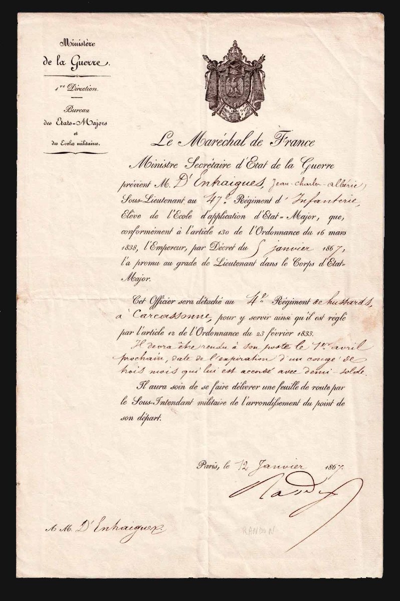 NOMINATION AU GRADE DE LIEUTENANT Mr d'ENTRAIGUES 1867 / Maréchal RANDON