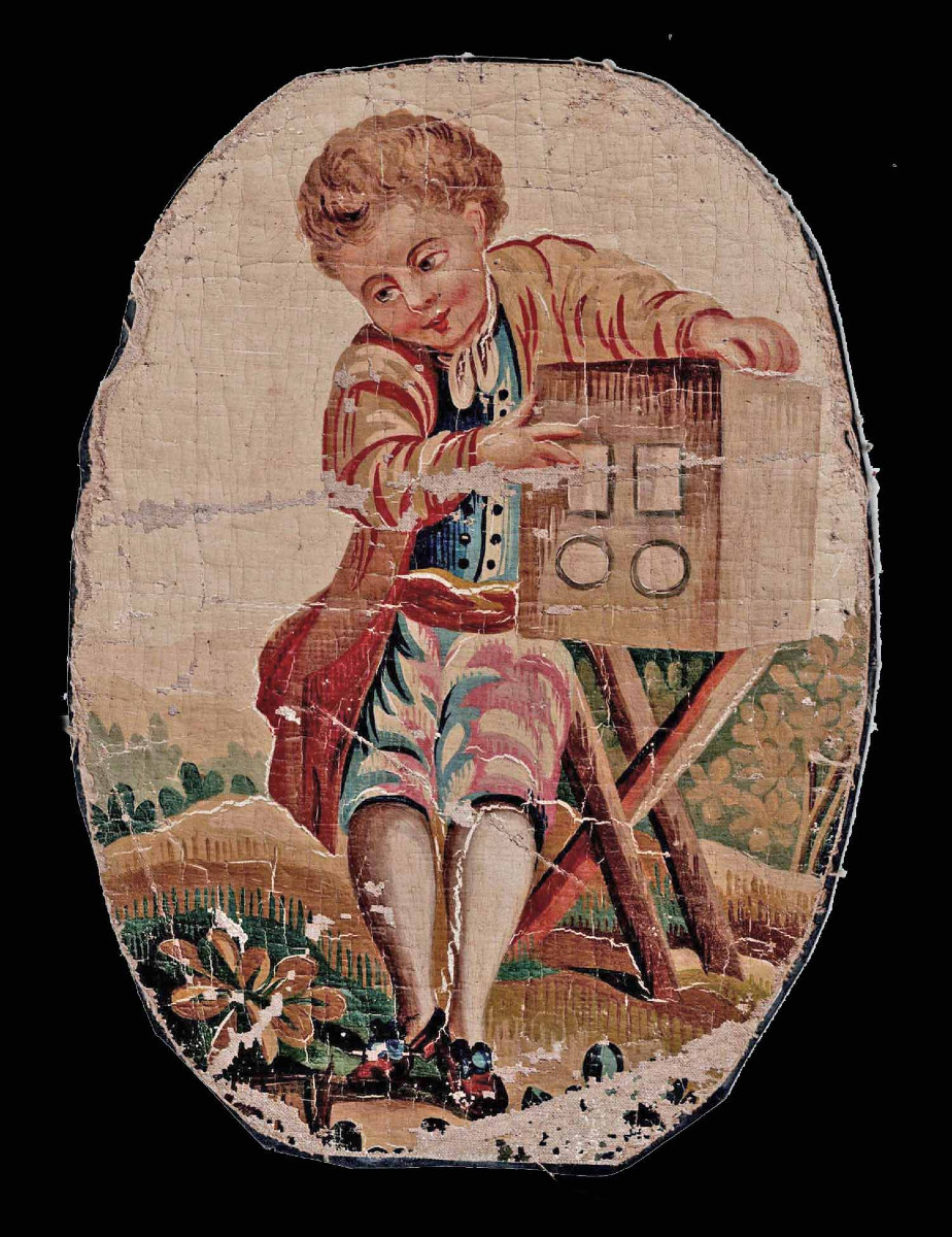 Oil On Cardboard 18th Century The Optical Box Showman / Magic Lantern