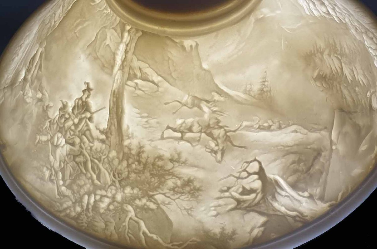 19th Century Lithophanic Lampshade: Hunting And Hunters-photo-3