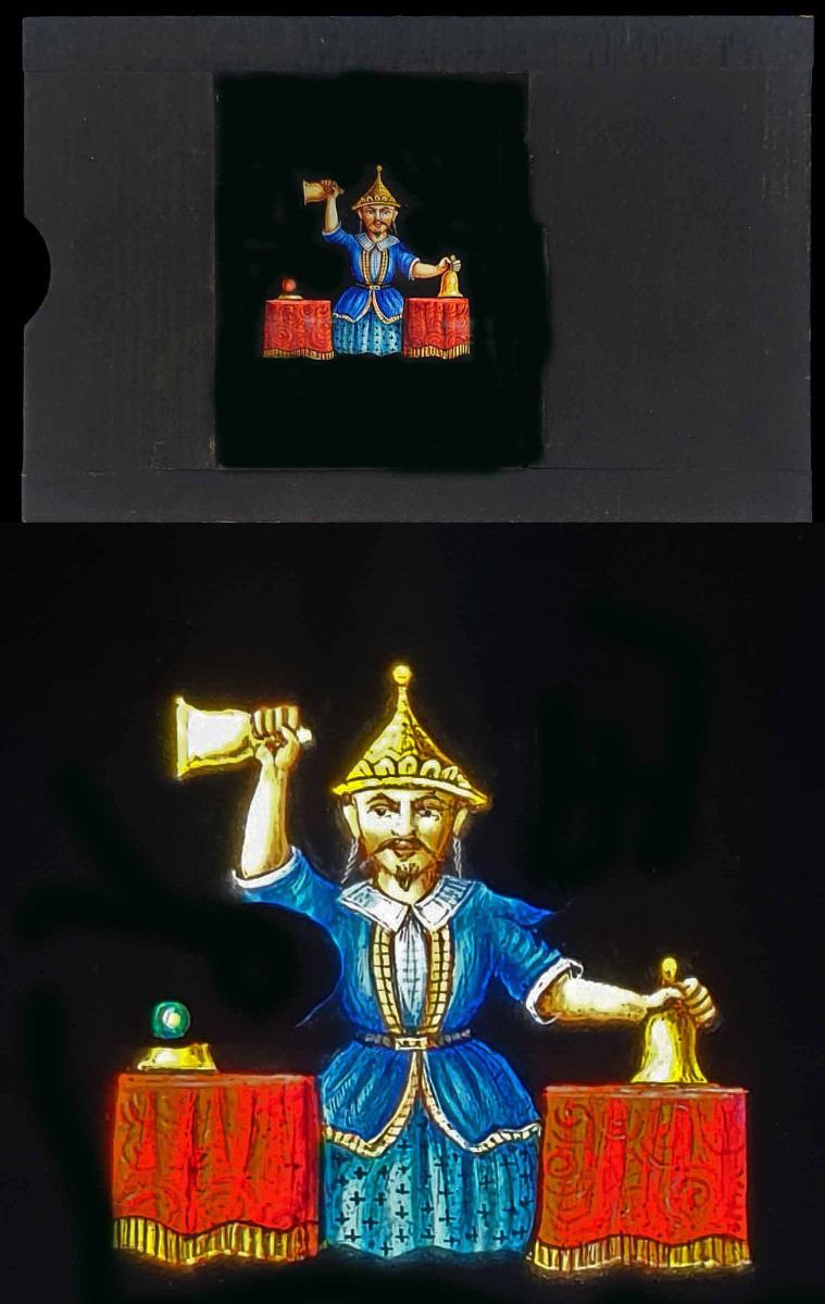 LE JOUEUR DE BONNETEAU vers 1850 plaque de lanterne magique