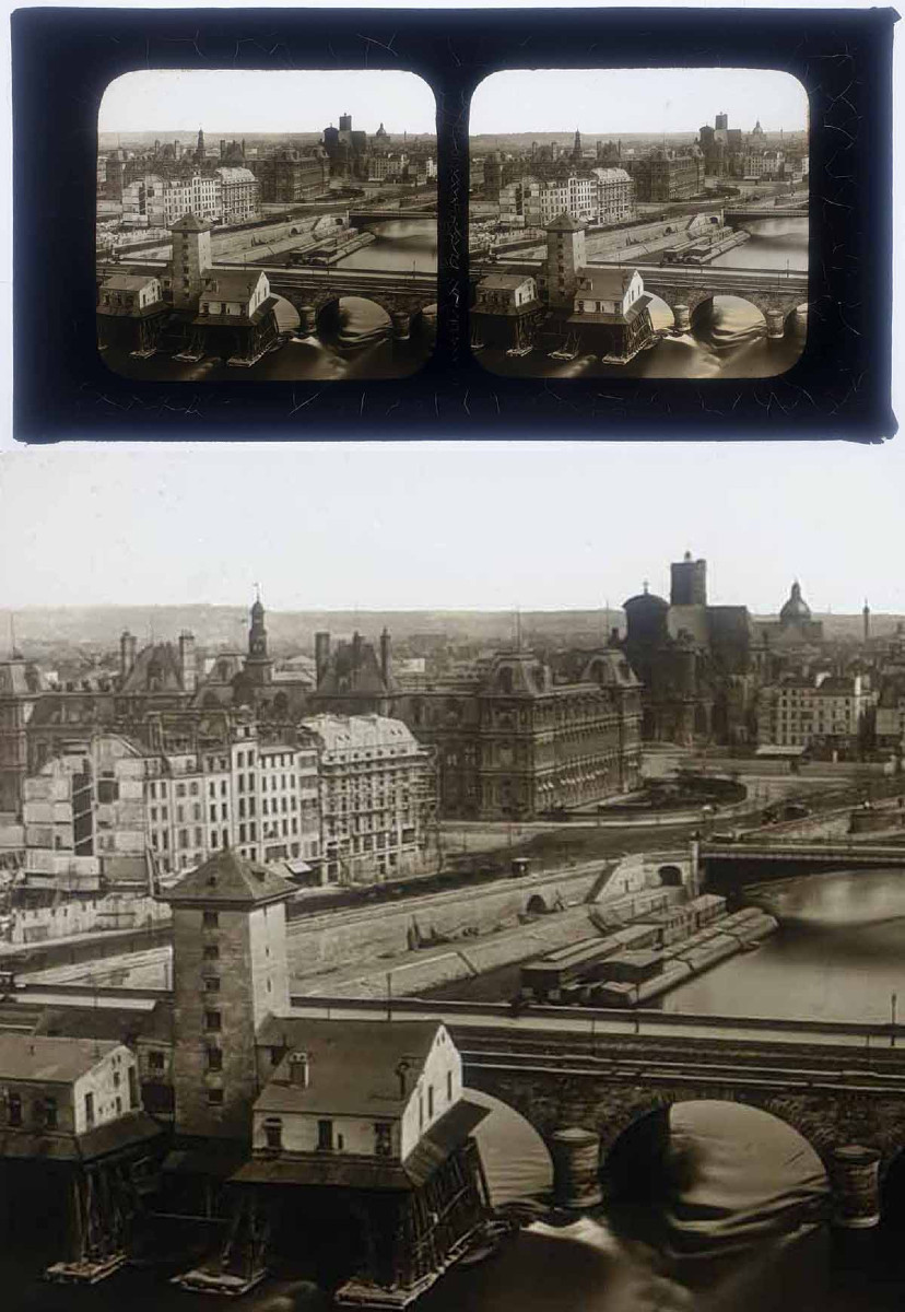 photo stéréoscopique LA POMPE NOTRE-DAME a Paris 1860