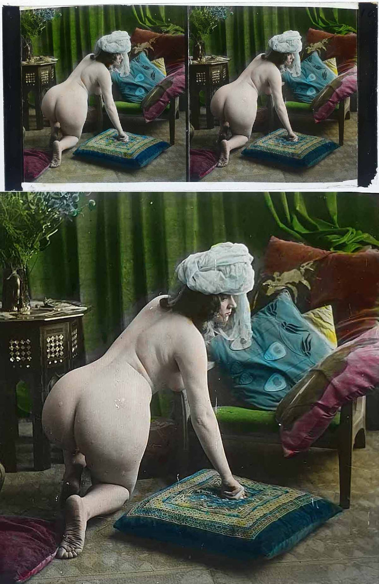 FEMME AU TURBAN - photo stéréoscopique COULEUR 1900