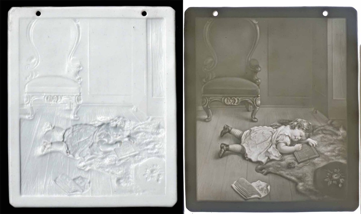 Girl Drawing  - French Lithophane, Circa 1850