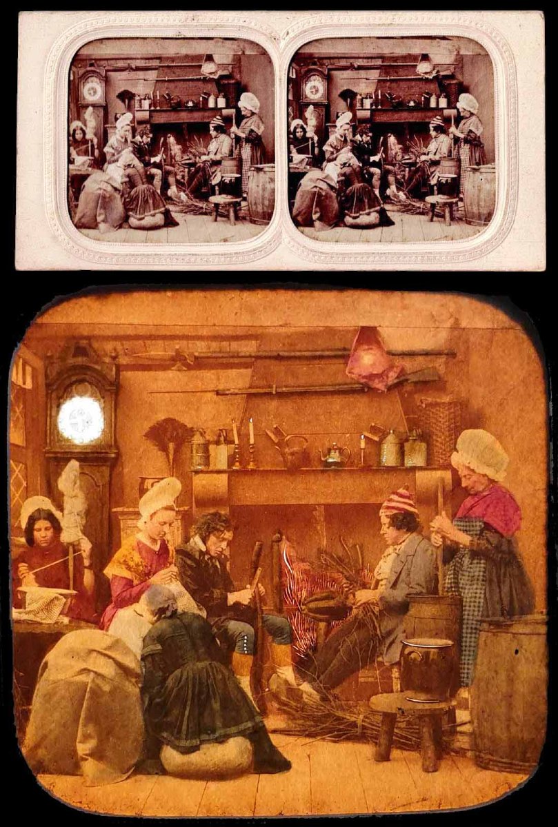 vue stéréo SCÈNE DE GENRE - AUTOUR DE LA CHEMINÉE 1860-70