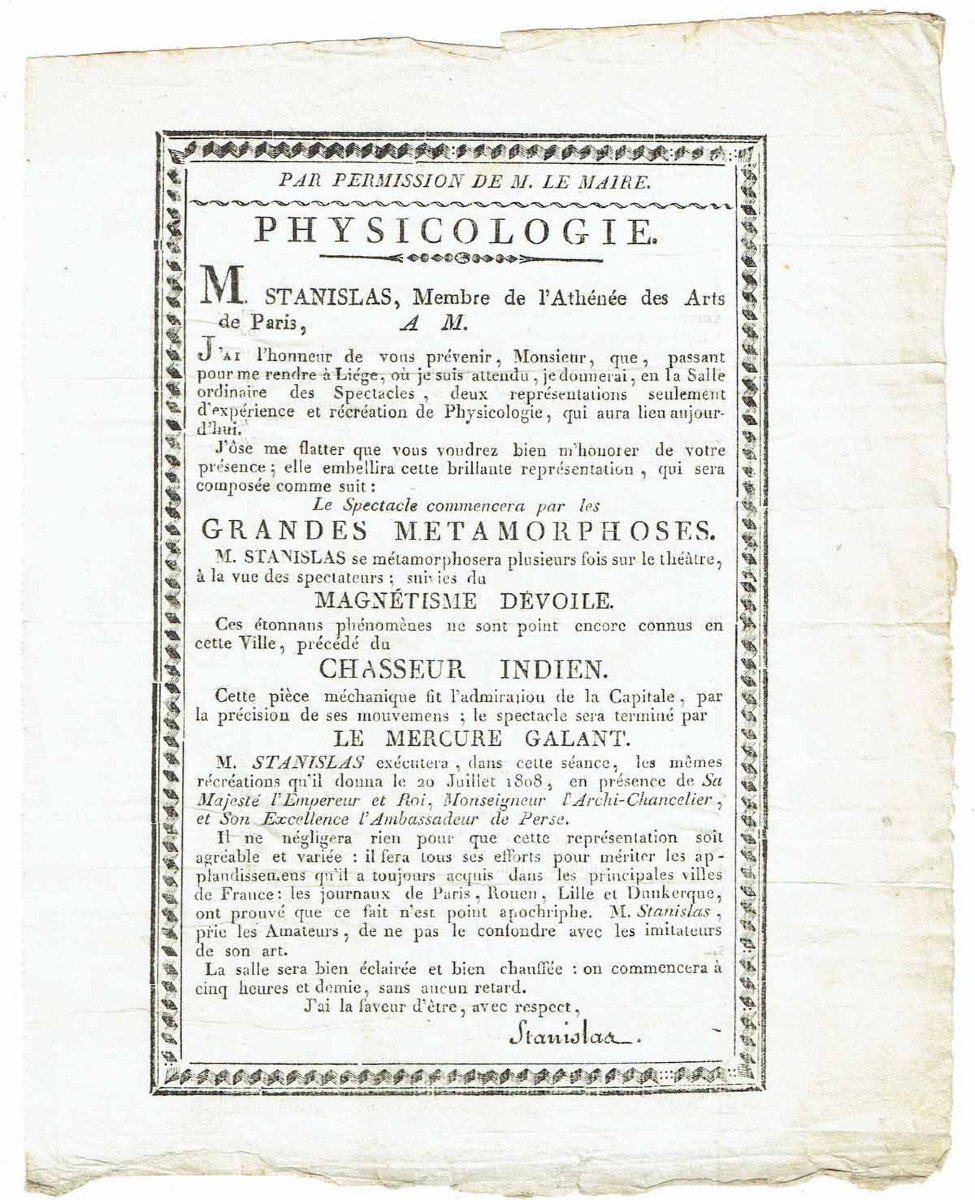 INVITATION de STANISLAS PRESTIDIGITATEUR 1810  