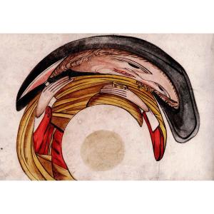 Anamorphose gouachée XVIII ème représentant un homme buvant